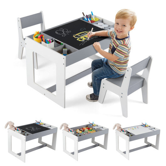 Multifunctional Kids Table and 2 Chairs Set with Chalkboard-Natural