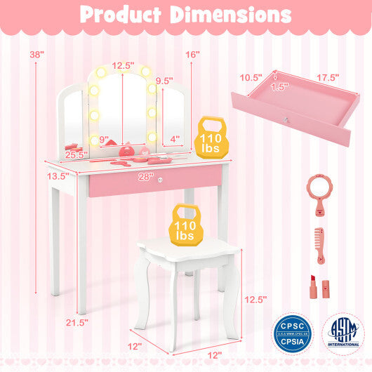 2-in-1 Kids Vanity Table Set with Tri-Folding Detachable Mirror and Lights-Pink