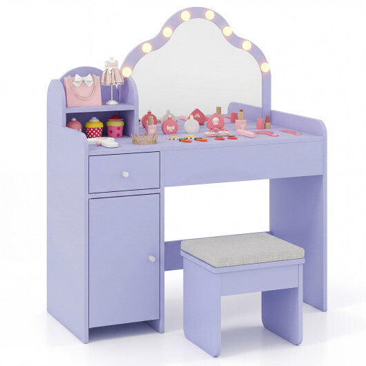Kids Vanity Desk with Mirror and Lights Princess Pretend Play Dressing Table-Purple