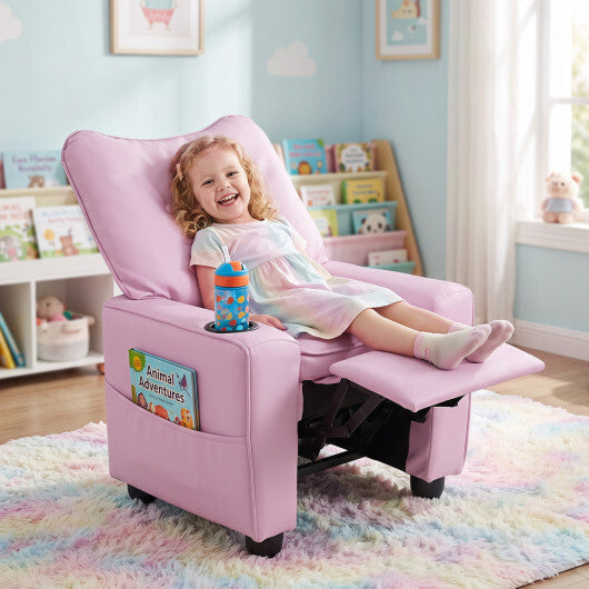 Kids Recliner with Cup Holder Armrests and Adjustable Backrest for Playroom-Pink