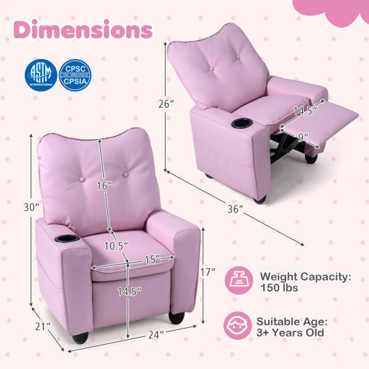 Kids Recliner with Cup Holder Armrests and Adjustable Backrest for Playroom-Pink