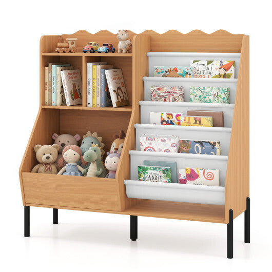 Kids Bookshelf and Toy Storage Organizer Wooden Bookcase with 5 Fabric Pockets-Natural