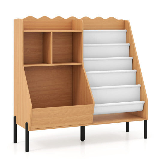 Kids Bookshelf and Toy Storage Organizer Wooden Bookcase with 5 Fabric Pockets-Natural