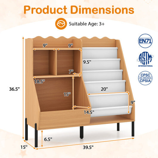 Kids Bookshelf and Toy Storage Organizer Wooden Bookcase with 5 Fabric Pockets-Natural