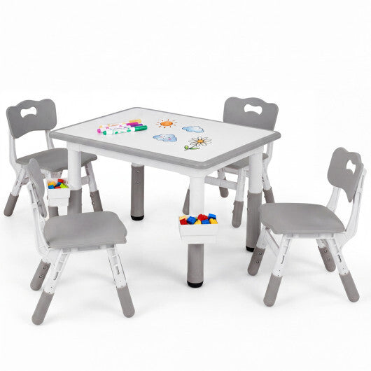 Height Adjustable  Kids Table and 4 Chairs Set with Graffiti Desktop and 2 Storage Baskets-Gray