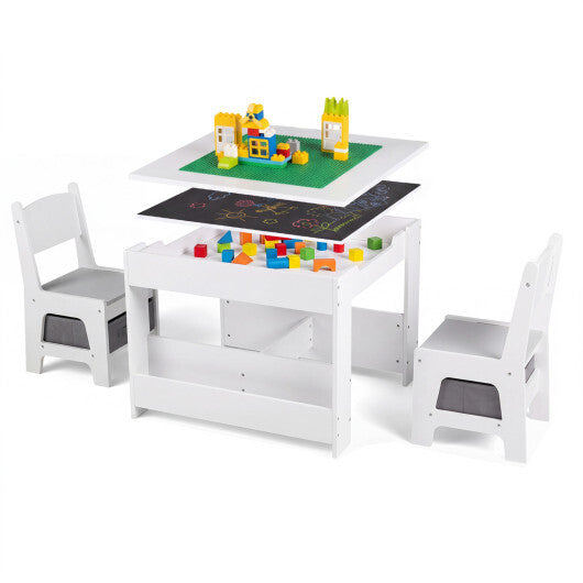 4 in 1 Kids Table and Chairs with Building Blocks and Bookshelves-Grey