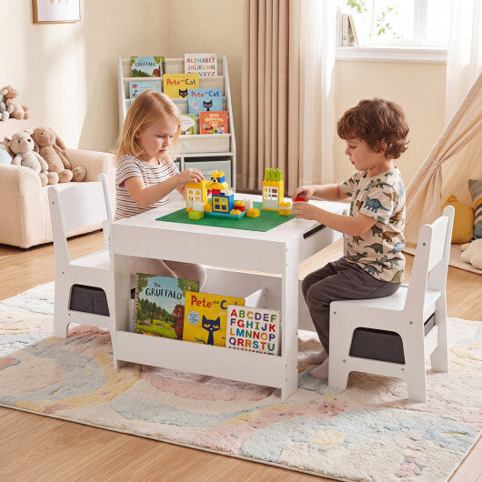 4 in 1 Kids Table and Chairs with Building Blocks and Bookshelves-Grey