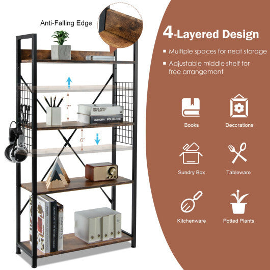 4 -Tier Industrial Open Storage Bookshelf-Coffee - Color: Dark Brown