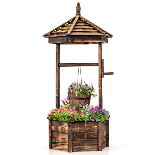 Rustic Wooden Wishing Well with Adjustable Hanging Bucket-Brown - Color: Brown