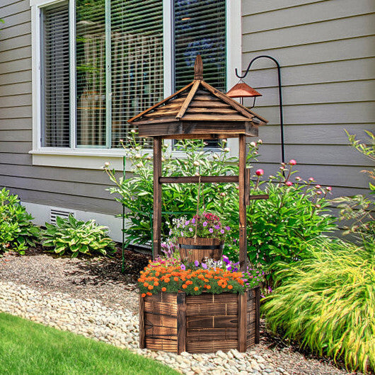 Rustic Wooden Wishing Well with Adjustable Hanging Bucket-Brown - Color: Brown