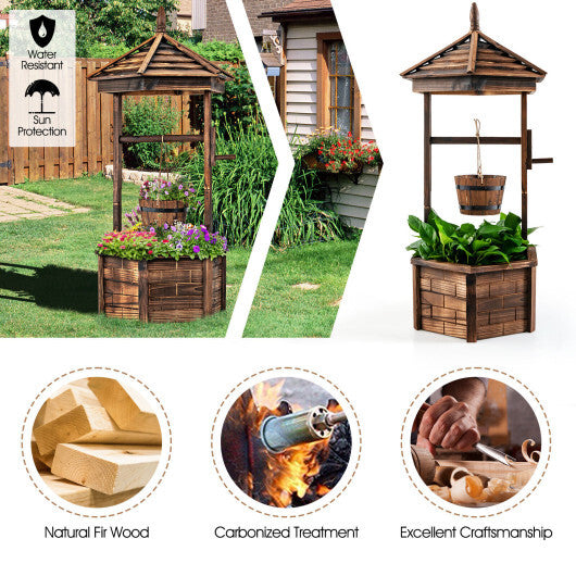 Rustic Wooden Wishing Well with Adjustable Hanging Bucket-Brown - Color: Brown