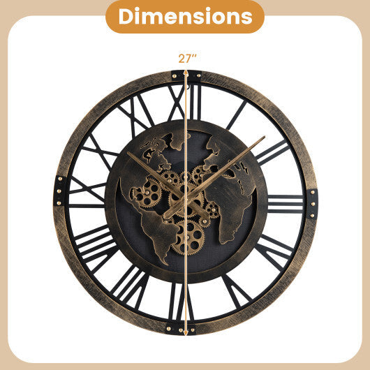 Large Wall Clock 27" Gear Clock with World Map-Brown