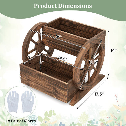 2-Tier Raised Garden Bed Rustic Wood Wagon Shape with Drainage Holes and Wheels-Coffee