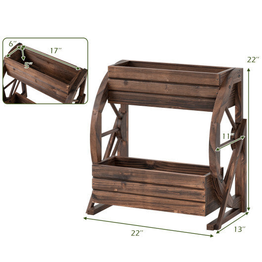 2-tier Raised Garden Bed Rustic Wood Wagon Planter with Drainage Holes and Semi-wheels-Coffee