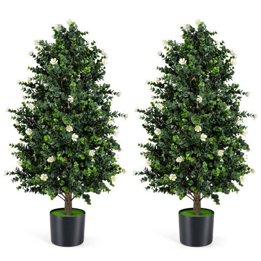 2 Pack Artificial Topiary Cone Tree Faux Potted Shrub Plant with 49 Flowers-purple
