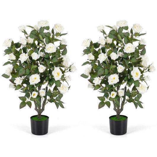 Set of 2 Artificial Rose Tree with Blooming Flowers and Green Leaves for Indoor-White