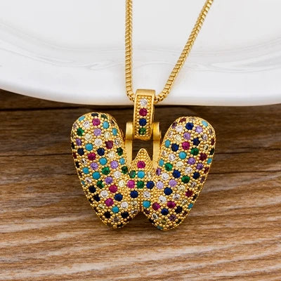 Nidin Fashion Luxury 26 Letters Copper Zircon Pendant Necklace for Women Rainbow Initials Name Necklace Wedding Party Jewelry