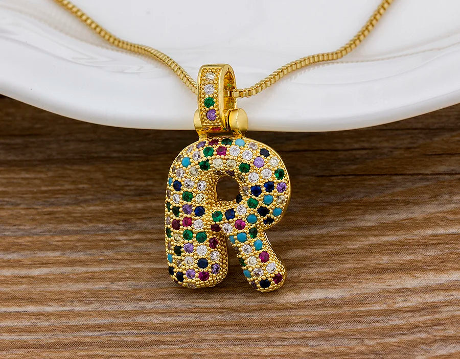 Nidin Fashion Luxury 26 Letters Copper Zircon Pendant Necklace for Women Rainbow Initials Name Necklace Wedding Party Jewelry