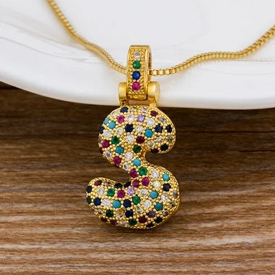 Nidin Fashion Luxury 26 Letters Copper Zircon Pendant Necklace for Women Rainbow Initials Name Necklace Wedding Party Jewelry