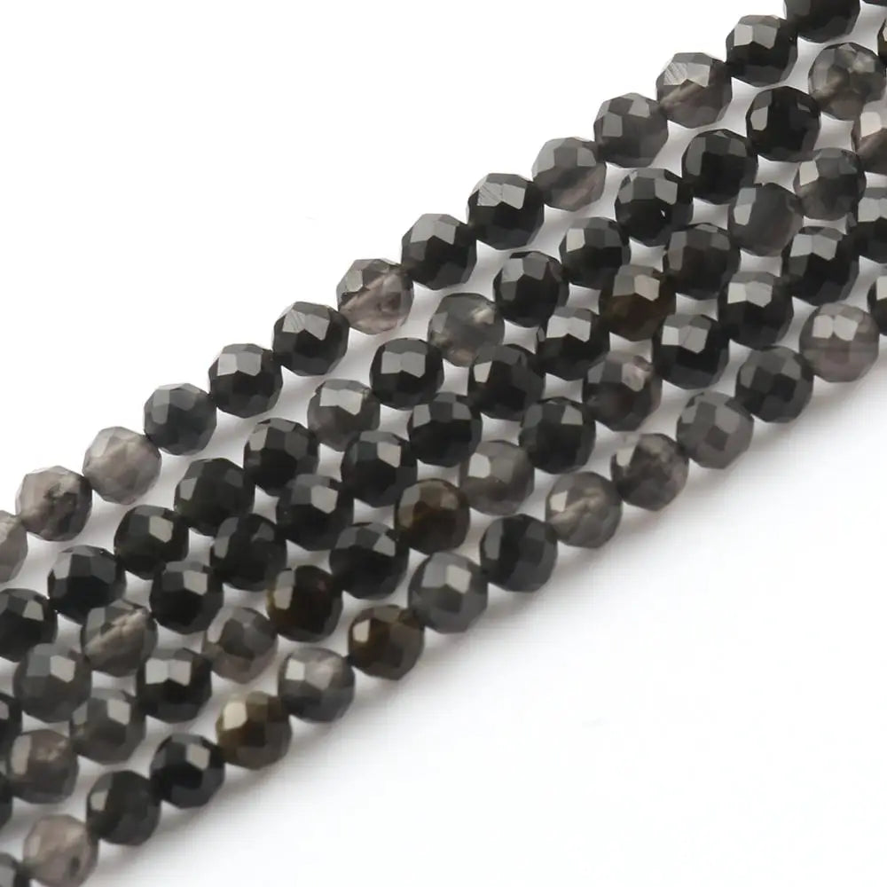 Natural Black Obsidian Stone 2/3/4mm Faceted Loose Round Mineral Beads for Jewelry Making DIY Christmas Gift Bracelets 15inch