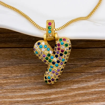 Nidin Fashion Luxury 26 Letters Copper Zircon Pendant Necklace for Women Rainbow Initials Name Necklace Wedding Party Jewelry
