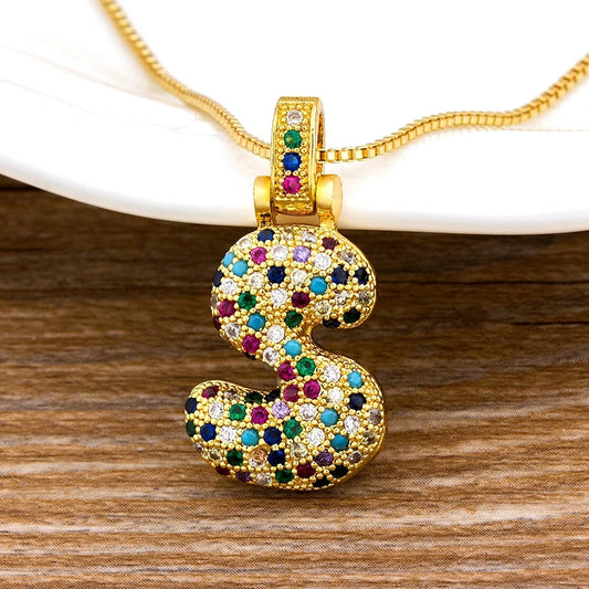 Nidin Fashion Luxury 26 Letters Copper Zircon Pendant Necklace for Women Rainbow Initials Name Necklace Wedding Party Jewelry