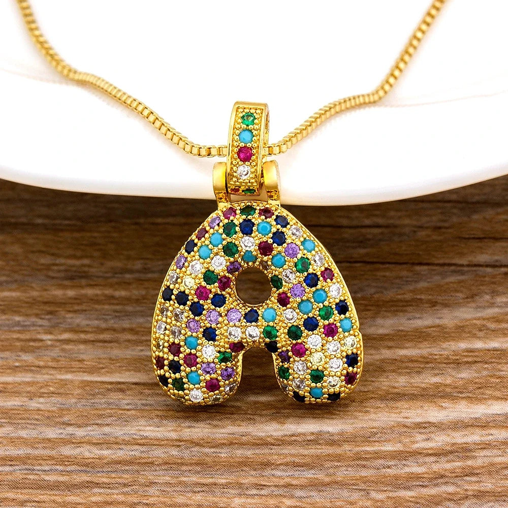 Nidin Fashion Luxury 26 Letters Copper Zircon Pendant Necklace for Women Rainbow Initials Name Necklace Wedding Party Jewelry