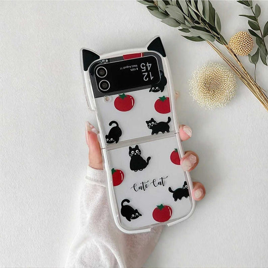 Cute Tomato Cat Phone Case with Ears for Samsung Galaxy Z Flip 3 4 5 6 - Fun Shockproof Protective Cover for Cat Lovers