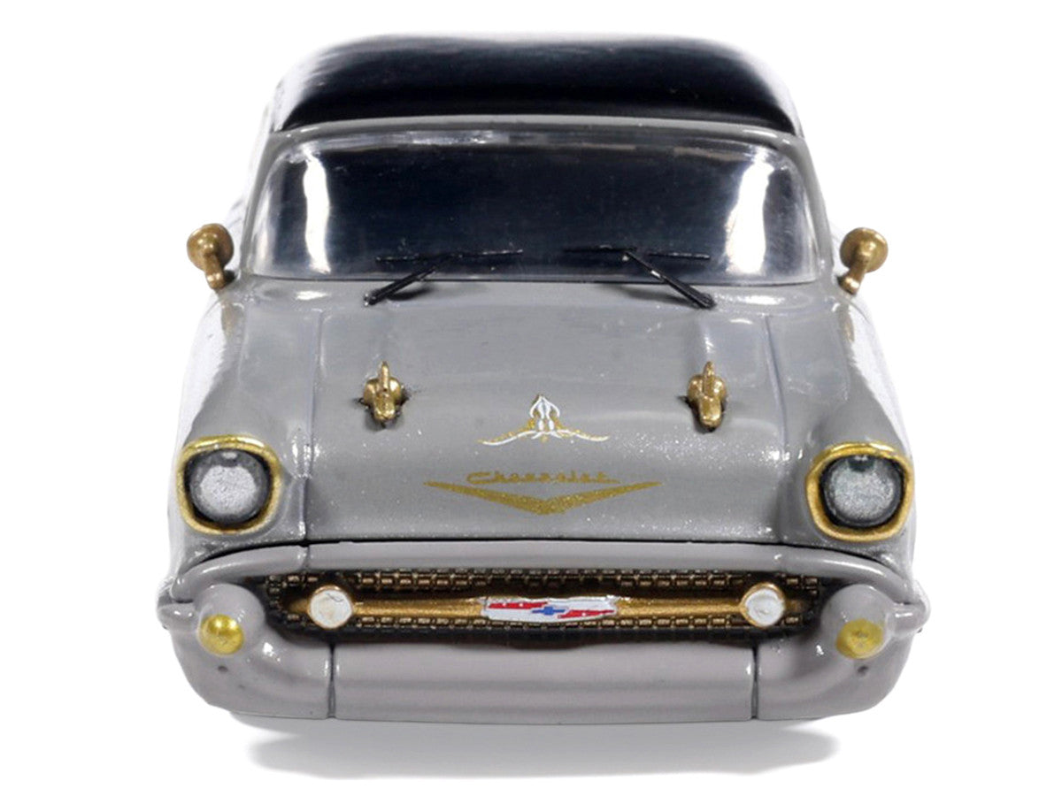 1957 Chevrolet Bel Air Lowrider Gray with Black Top and Gold Accents 1/64 Diecast Model Car by IXO Models