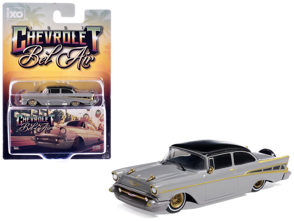 1957 Chevrolet Bel Air Lowrider Gray with Black Top and Gold Accents 1/64 Diecast Model Car by IXO Models