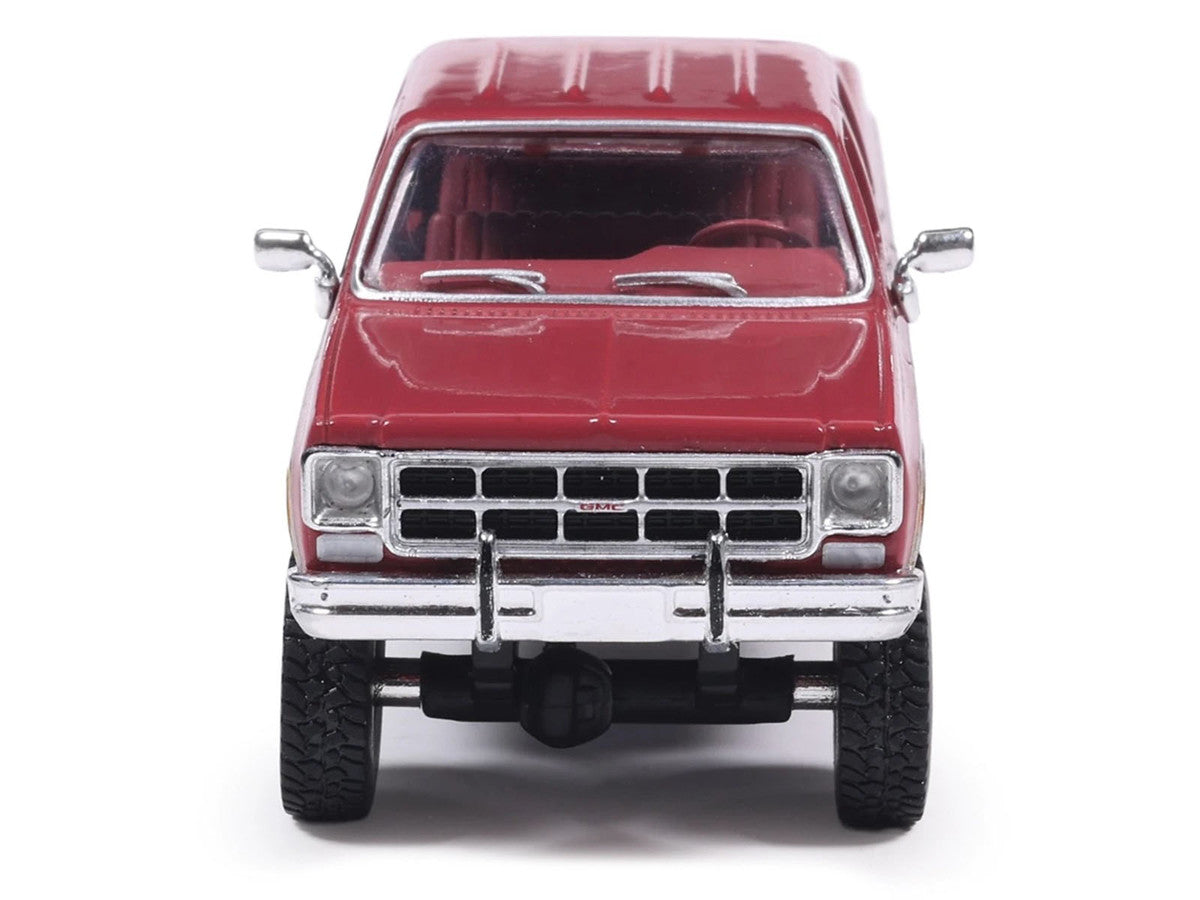 1977 GMC Sierra Grande K2500 Wideside Crew Cab Pickup Truck Dark Red Metallic with Gray Side Stripes 1/64 Diecast Model Car by IXO Models