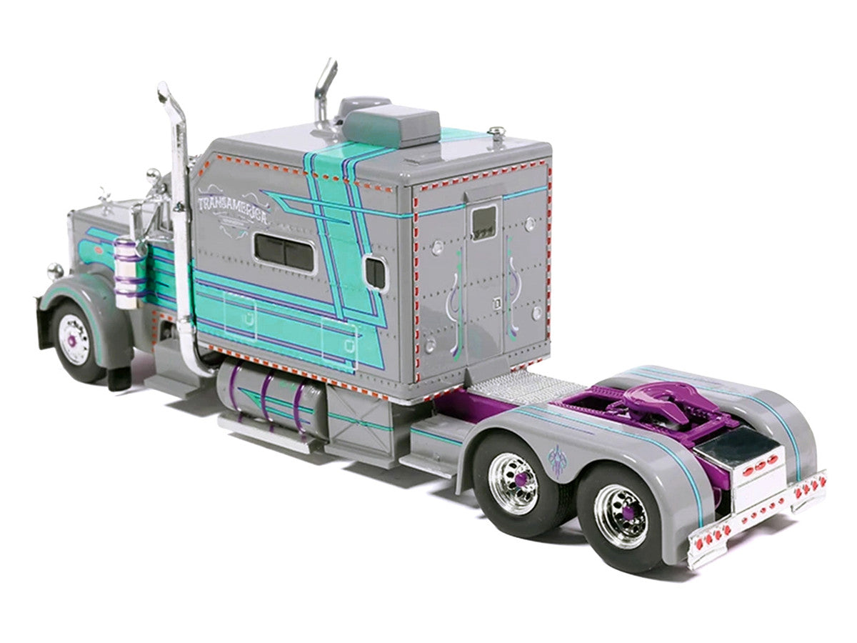 Peterbilt 379 Truck with Sleeper and Dry Goods Trailer "TransAmerica" Gray with Seafoam Green Graphics "J1 Diecast" Series 1/64 Diecast Model by IXO Models