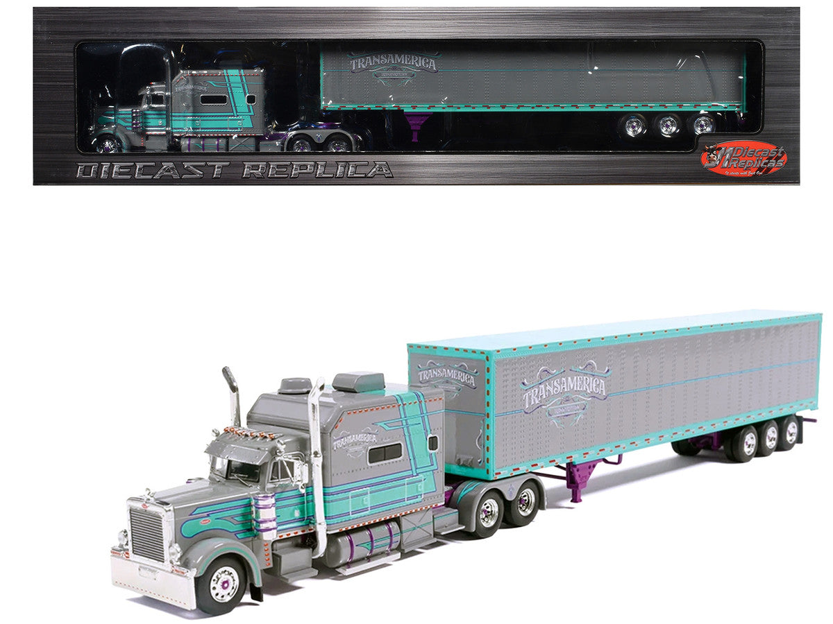 Peterbilt 379 Truck with Sleeper and Dry Goods Trailer "TransAmerica" Gray with Seafoam Green Graphics "J1 Diecast" Series 1/64 Diecast Model by IXO Models