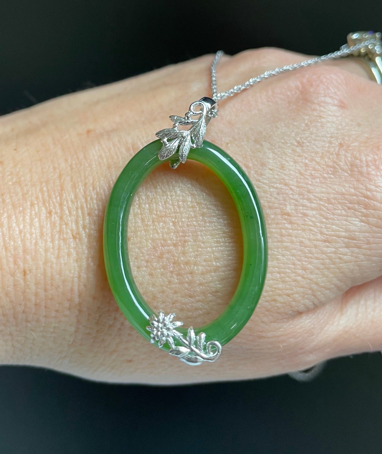 Jade Sterling Silver Oval Pendant, 35mm