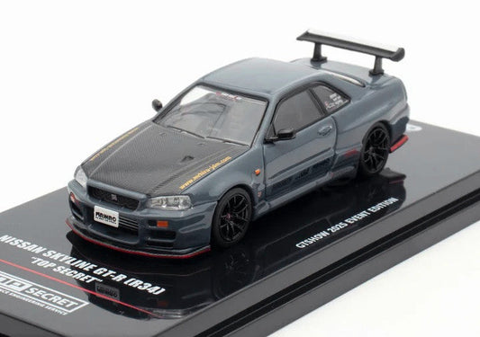 Nissan Skyline GT-R (R34) "Top Secret" RHD (Right Hand Drive) Stealth Gray with Carbon Hood "GTSHOW 2025 Event Edition" 1/64 Diecast Model Car by Inno Models
