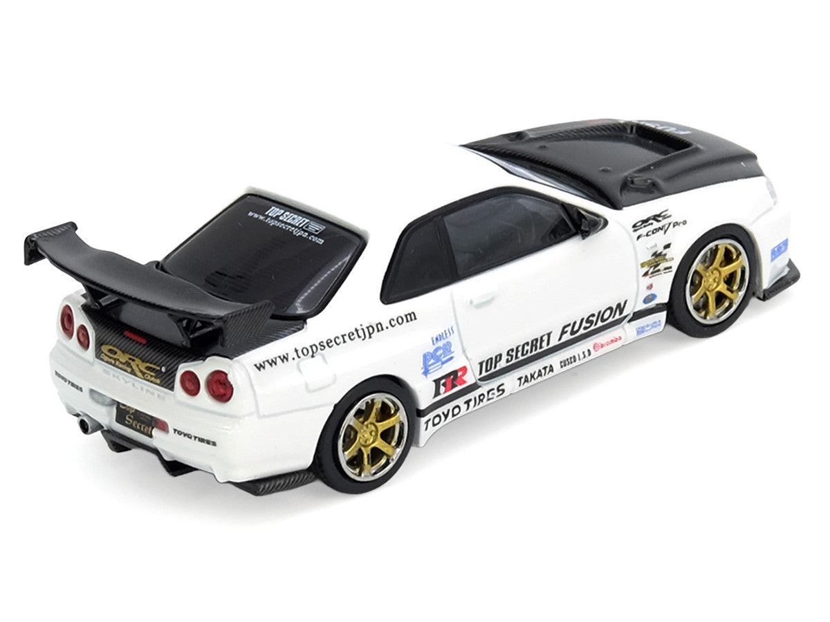 Nissan Skyline GT-R (R34) "Top Secret" RHD (Right Hand Drive) White with Carbon Hood 1/64 Diecast Model Car by Inno Models
