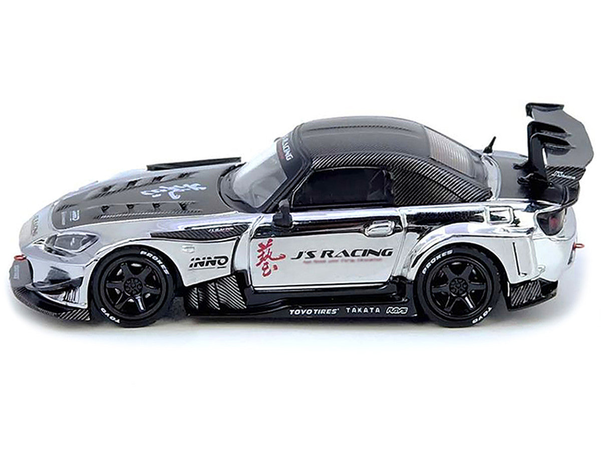 Honda S2000 RHD (Right Hand Drive) "J's Racing" Chrome Silver with Carbon Hood and Top with Graphics "Tokyo Auto Salon Hong Kong 2025 Event Edition" 1/64 Diecast Model Car by Inno Models