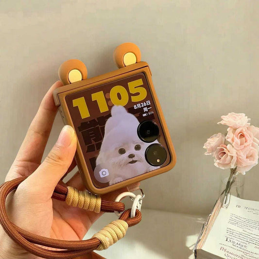 Cute Ears Hand Strap Hinge Case for Xiaomi MIX Flip - Stylish Protective Cover with Secure Chain Loop for MIX Flip Phones