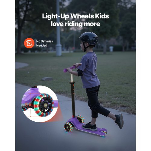 Kick Scooter for Kids Ages 3+, 3-Wheel Toddler Scooter with Light-Up Wheels, Adjustable Height Handlebar, Wide Anti-Slip Deck, Lightweight Aluminum Frame for Boys & Girls up to 165 lbs, Purple