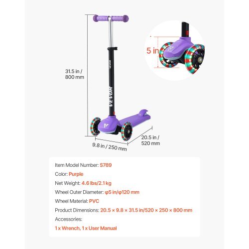 Kick Scooter for Kids Ages 3+, 3-Wheel Toddler Scooter with Light-Up Wheels, Adjustable Height Handlebar, Wide Anti-Slip Deck, Lightweight Aluminum Frame for Boys & Girls up to 165 lbs, Purple