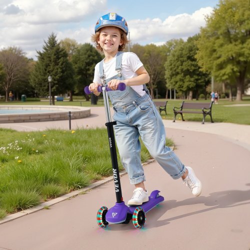 Kick Scooter for Kids Ages 3+, 3-Wheel Toddler Scooter with Light-Up Wheels, Adjustable Height Handlebar, Wide Anti-Slip Deck, Lightweight Aluminum Frame for Boys & Girls up to 165 lbs, Purple