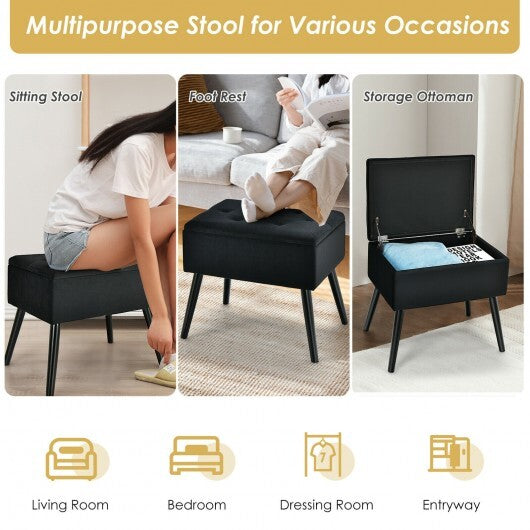 Velvet Storage Ottoman with Solid Wood Legs for Living Room Bedroom-Black - Color: Black
