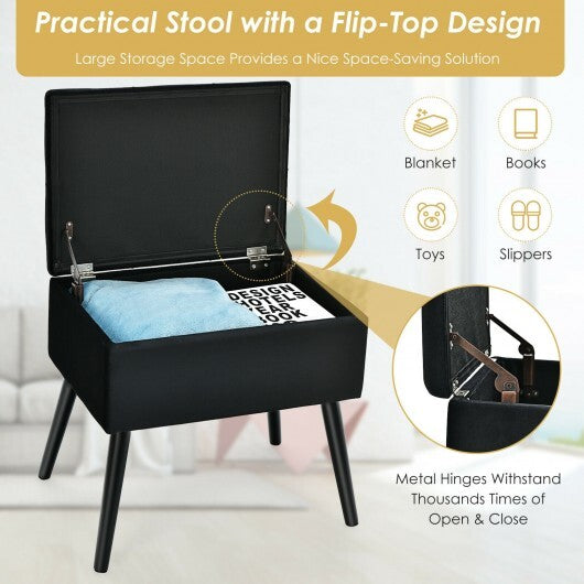 Velvet Storage Ottoman with Solid Wood Legs for Living Room Bedroom-Black - Color: Black