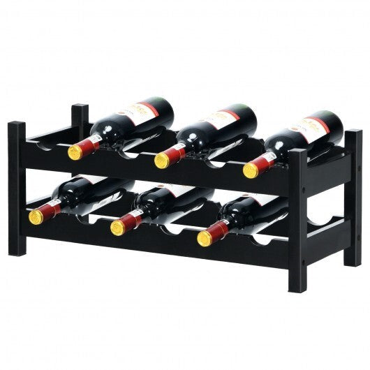 2-Tier 12 Bottles Bamboo Storage Shelf  Wine Rack-Brown - Color: Brown