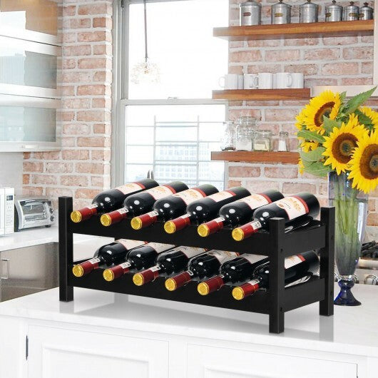 2-Tier 12 Bottles Bamboo Storage Shelf  Wine Rack-Brown - Color: Brown