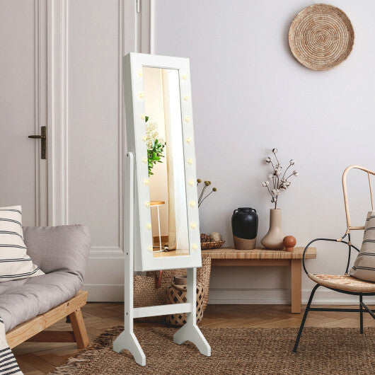 Mirrored Jewelry Cabinet Armoire Organizer w/ LED lights-White - Color: White