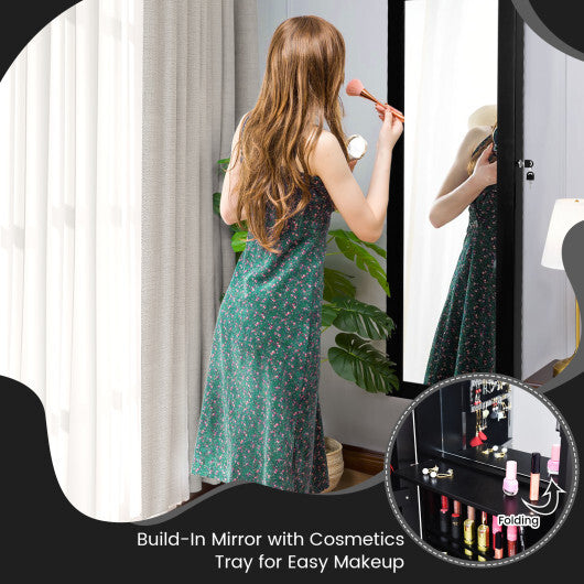 Lockable Wall Door Mounted Mirror Jewelry Cabinet w/LED Lights-Brown