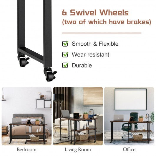 Large 360-Degree Free Rotating Sofa Side Table with Wheels and Storage Shelf-Rustic Brown - Color: Rustic Brown