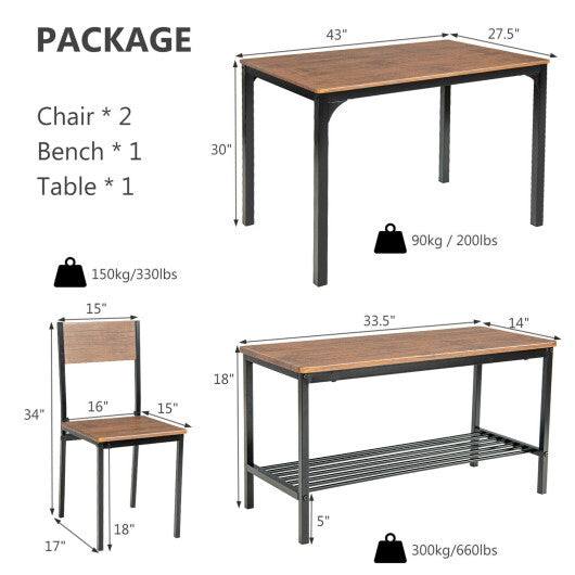 4 Pieces Rustic Dining Table Set with 2 Chairs and Bench-Brown