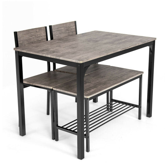 4 Pieces Rustic Dining Table Set with 2 Chairs and Bench-Brown